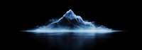 Majestic mountain peak rising from misty water surface against dark background, glowing with ethereal blue light, creating dramatic panoramic landscape.