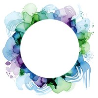 Abstract watercolor circle frame with flowing blue, green and purple paint splashes on white background for creative design projects.