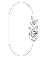 Minimalist oval frame with delicate botanical branch outline on white background for wedding invitations, greeting cards and elegant design projects.