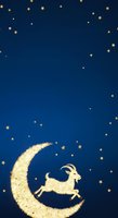 Goat jumping over glowing crescent moon against starry night sky, isolated on deep blue background for nursery decor, children's book illustration, greeting cards, and celestial-themed designs.
