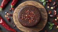 Dark chocolate cake topped with crushed chili flakes on rustic wooden board, surrounded by fresh red peppers and herbs against black background. Spicy dessert concept.