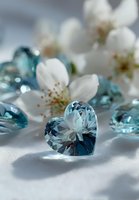 Heart-shaped blue gemstone surrounded by white cherry blossoms on soft fabric, creating elegant composition for jewelry advertising or romantic concept.