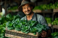 Caucasian male farmer in hat holding wooden crate of fresh organic lettuce heads in greenhouse. Sustainable agriculture and local food production concept.