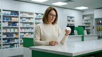 Female pharmacist with brown hair and glasses, wearing beige sweater, holding medication bottle at pharmacy counter with shelves of medicines in background, healthcare professional in drugstore setting.