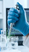 Medical researcher hand in blue latex glove holding laboratory pipette with green liquid sample in modern scientific laboratory for biotechnology research.