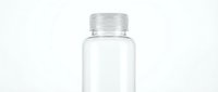 Clear plastic supplement bottle with silver cap isolated on white background for product packaging and health industry marketing materials.