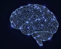 Digital brain with circuit board patterns glowing in blue neon light on dark background for artificial intelligence and technology concepts.