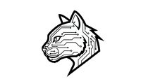 Futuristic wolf head with electronic circuit board patterns in black line art style isolated on white background for tech logo design.