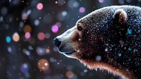 Brown bear profile against dark background with colorful bokeh lights and falling snow creating magical winter atmosphere for nature and wildlife designs.
