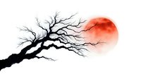 Dramatic silhouette of bare tree branches against red moon in night sky, minimalist oriental style artwork with black ink brush strokes on white background.