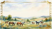 Horses grazing in pastoral countryside landscape with golden decorative border frame, mountains in distance, ideal for equestrian themes, farm scenes, and rustic design projects.