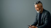Mature male professional with gray hair and beard wearing dark blazer and black shirt, holding smartphone, looking down at device against neutral gray background for business and technology concepts.