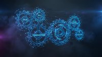 Digital blockchain network with glowing blue interconnected gears showing buy, sell, transaction concepts for cryptocurrency and fintech applications.