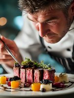 Professional chef carefully plating gourmet beef steak with microgreens and colorful garnishes in upscale restaurant kitchen for fine dining presentation.
