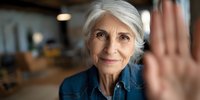 Senior woman with silver hair making stop gesture with hand, wearing denim jacket in warm indoor setting with soft background blur.