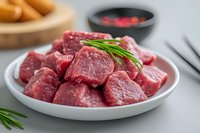 Fresh raw beef chunks cut into cubes with rosemary sprigs on white ceramic plate, ready for cooking. Close up view of marbled meat for stew or goulash.