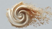 Creamy white spiral swirl with golden brown powder particles dispersing against light gray background, creating dynamic motion effect.