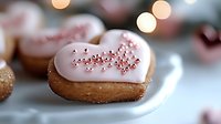 Heart shaped cookie with pink glaze and sprinkles on white plate. Romantic festive dessert with blurred bokeh lights background for Valentine's Day celebration.