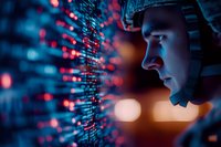 Young male programmer analyzing digital code on virtual screen with red glowing numbers and data in dark office environment, focused on cybersecurity task.