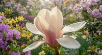 Soft pink magnolia flower blooming in spring garden with colorful blurred background of flowering trees and plants creating peaceful natural scene.