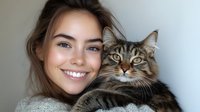 Young woman with brown hair smiling while holding adorable tabby cat with striking green eyes. Pet owner bonding moment for veterinary and lifestyle content.