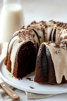 Chocolate bundt cake with white vanilla glaze dripping down sides, topped with chocolate shavings on white plate, close-up view with soft natural lighting.