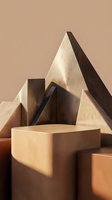 Contemporary geometric architectural forms with warm earth tones and dramatic shadows, featuring abstract concrete and metal structures for modern design projects.