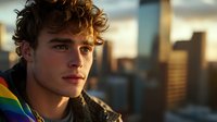 Young man with curly hair gazing thoughtfully at sunset against urban cityscape backdrop, wearing rainbow pride flag colors, natural golden hour lighting creates atmospheric mood.