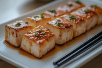Grilled tofu cubes with teriyaki glaze and sesame seeds on white plate with chopsticks. Vegetarian protein dish with caramelized surface and herbs.