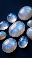 Moonstone gemstones with blue flash adularescence on dark background for jewelry making and crystal healing practices.