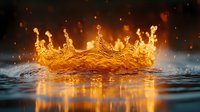 Crown-shaped water splash with golden light and fire effects on dark background, dramatic liquid collision creating royal crown formation with glowing sparks.