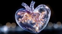 Glass heart with warm LED lights inside glowing against dark background with bokeh effects. Romantic love symbol for Valentine's Day decorations and gifts.