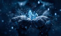 Hands protecting glowing digital human figure with network connections and data streams in futuristic cybersecurity concept for business technology.