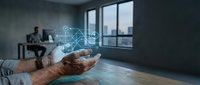 Business professional displaying holographic network connections and digital technology icons in modern office environment for corporate presentations.