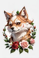 Fox portrait surrounded by blooming roses and green leaves on white background, stylized art with warm brown and cream tones. Isolated design for prints.