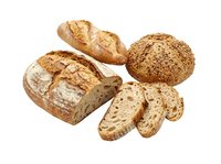 Assorted whole grain and artisan breads including crusty loaves and sliced pieces isolated on white background, ready for bakery, food, and culinary design use.
