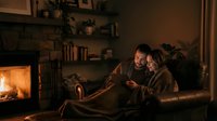 Cozy couple relaxing together on leather sofa by warm fireplace in comfortable living room with bookshelves and plants creating intimate romantic atmosphere.