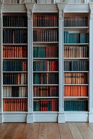 Classic white built-in bookshelf with vintage hardcover books in red, teal, and brown leather bindings against ornate architectural columns and wooden floor.