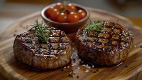 Grilled beef tenderloin steaks with rosemary garnish and cherry tomatoes on wooden cutting board, seasoned with coarse salt and black pepper, showing grill marks.