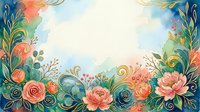Watercolor floral frame with coral roses, blue blooms, and ornamental foliage on cream background. Decorative botanical border for invitations, cards, and design projects.