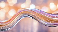 Elegant flowing wave with glitter sparkles in pink and gold colors against blurred bokeh background creates magical festive atmosphere.