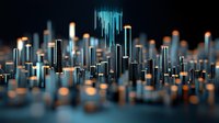 Glowing futuristic cityscape with illuminated vertical towers in dark blue and orange tones creating abstract urban visualization for technology concept backgrounds.