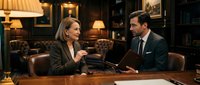 Professional blonde businesswoman and businessman in formal attire discussing documents in elegant office with warm lighting and leather furniture.