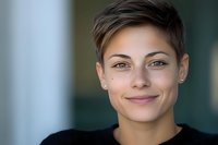 Young woman with short brown hair and fair complexion wearing black shirt, displaying confident expression with natural freckles, suitable for corporate portraits, professional headshots, and business communications.