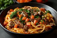 Homemade spaghetti pasta with beef meatballs, broccoli, carrots and tomatoes in rich tomato sauce served in black cast iron pan. Fresh herbs garnish.