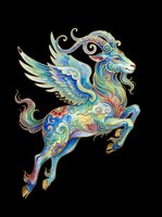 Ornate winged goat creature with swirling gold details in teal and blue tones, isolated on transparent background, ready for stickers, sublimation, and t-shirt design.