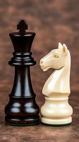 Dark wooden king and light knight chess pieces standing together on brown textured surface showcasing strategic game elements and contrasting colors.