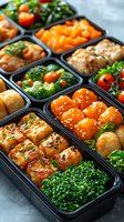 Healthy Asian meal prep containers with grilled chicken, sweet and sour balls, steamed broccoli, glazed carrots and fresh vegetables for weekly lunch planning.