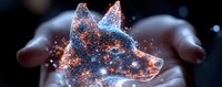 Glowing wolf head constellation formed by luminous particles and stars held in cupped hands against dark background, representing digital transformation and innovation.