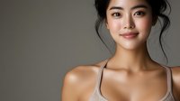 Young Asian woman with natural makeup and glowing skin smiling confidently against neutral background. Messy updo hairstyle and tank top create casual elegant portrait.
